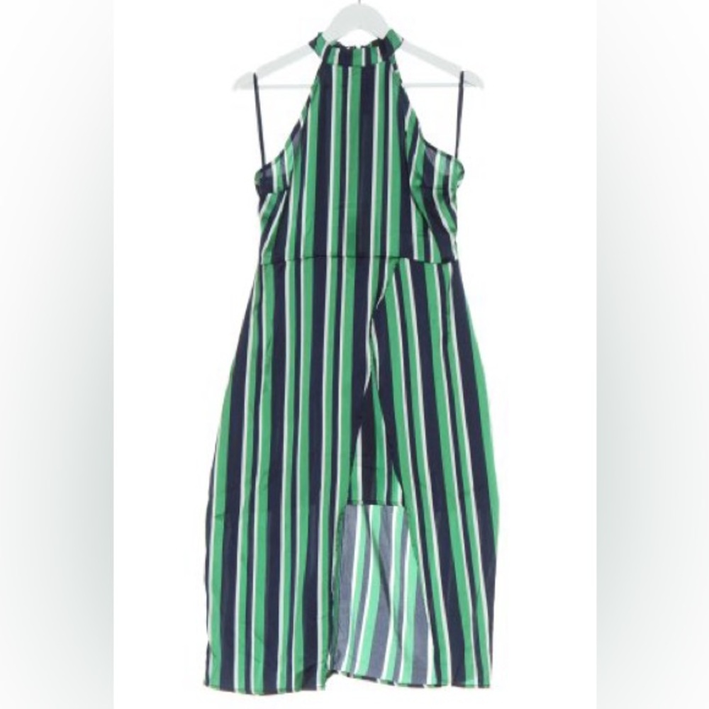 AX Paris | Womens Green Navy Striped Satin Halter Dress w/ Waist Tie - Size 14